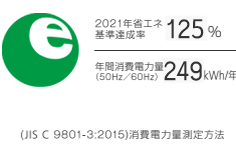 2021年省エネ基準達成率133％ 年間消費電力量(50Hz/60Hz)155kwh/年 (JIS C 9801-3:2015)消費電力量測定方法