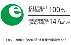 2021年省エネ基準達成率133％ 年間消費電力量(50Hz/60Hz)155kwh/年 (JIS C 9801-3:2015)消費電力量測定方法