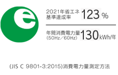 2021年省エネ基準達成率133％ 年間消費電力量(50Hz/60Hz)155kwh/年 (JIS C 9801-3:2015)消費電力量測定方法